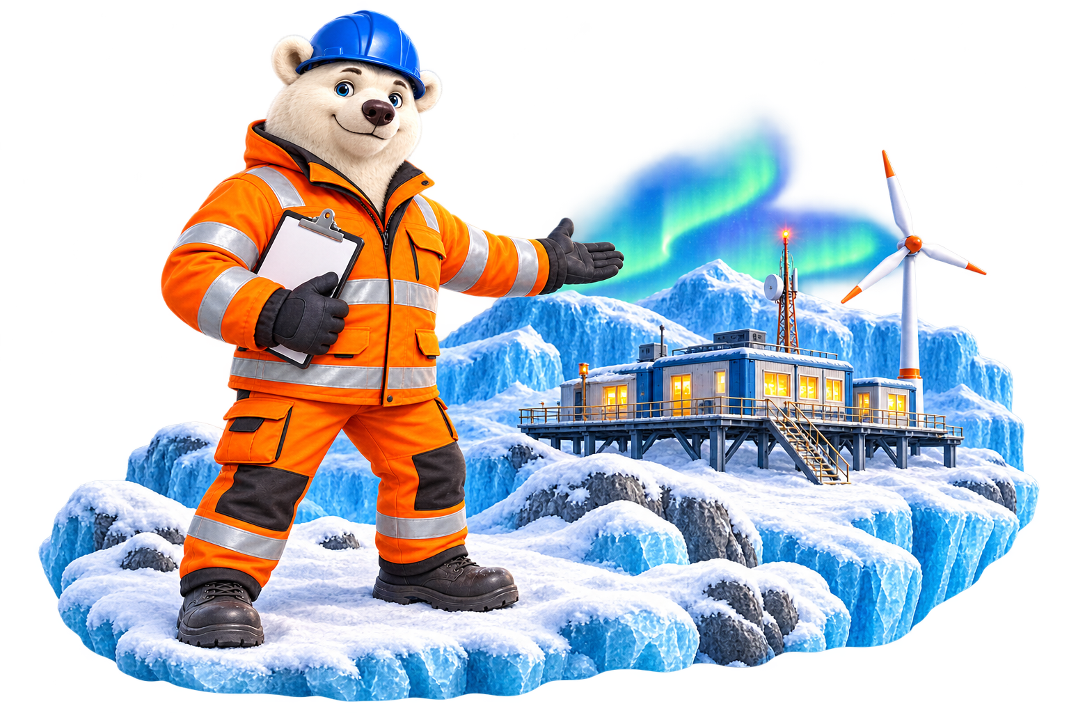 Maskot beruang kutub berkostum keselamatan oranye dan helm biru di dunia Arktik dengan aurora.